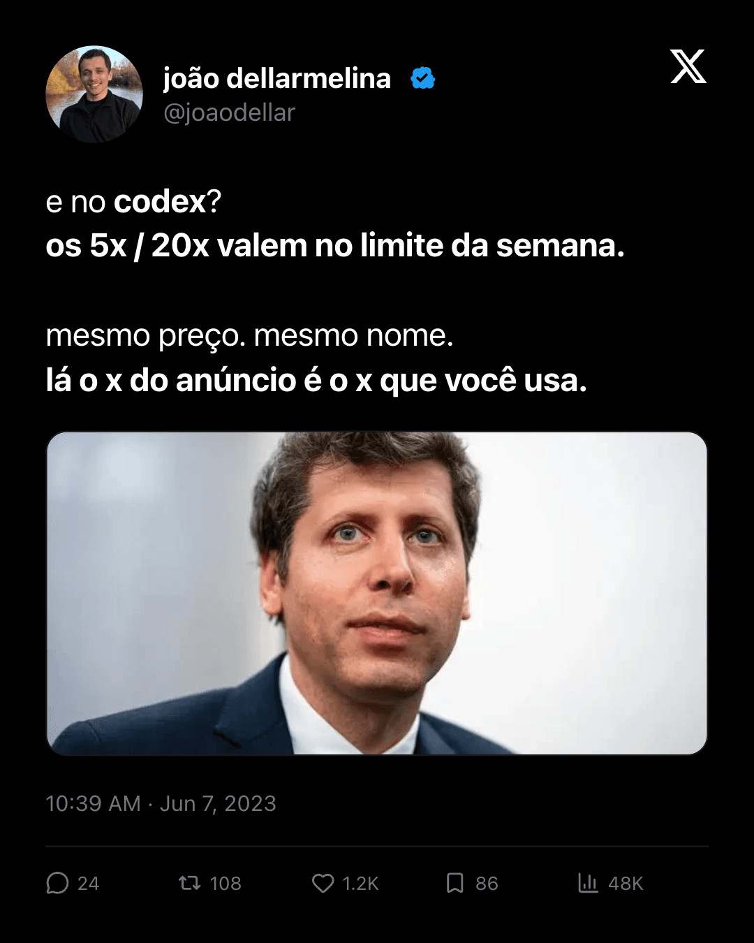 X-style post about Codex weekly limits